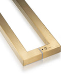 Beefy Heavy Duty Commercial Grade 18 Inch Satin Gold Push Pull Door Handle In Solid Stainless Steel 304 1.2mm Thick 30x30mm Square Cross Section Chamfered Edges 450mm Grip 420mm Bolt Spacing Durable Modern Finish on white background