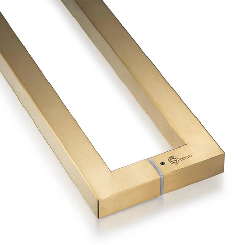 Beefy Heavy Duty Commercial Grade 18 Inch Satin Gold Push Pull Door Handle In Solid Stainless Steel 304 1.2mm Thick 30x30mm Square Cross Section Chamfered Edges 450mm Grip 420mm Bolt Spacing Durable Modern Finish on white background
