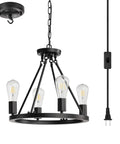 4 Light Wagon Wheel Chandelier Plug In Black Metal Pendant Light With 16.5 Ft Cord And On Off Switch Modern Industrial Style Fixture