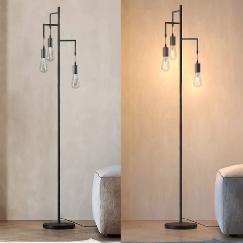 Farmhouse Industrial Tree Floor Lamp With 3 Edison LED Bulbs For Living Room, Bedroom And Office, Rustic Black Tall Standing Floor Lamp