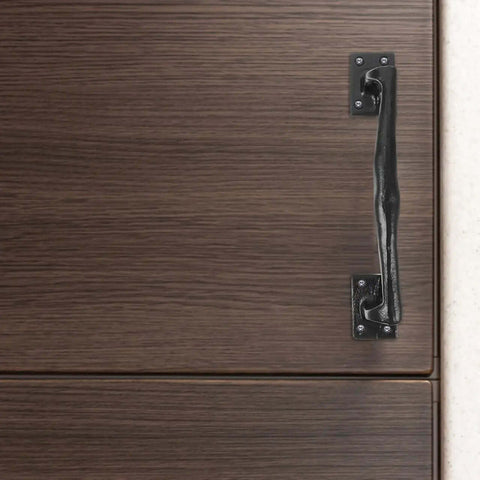 Old School Vintage Barn Door Handle For Sliding Doors And Gates Rustic Metal Gate Pull installed on wooden door