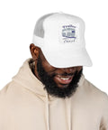 Funny Camping Trailer Trash Trucker Hat White For RV Lovers And Camp Fans with structured cotton twill front worn by person