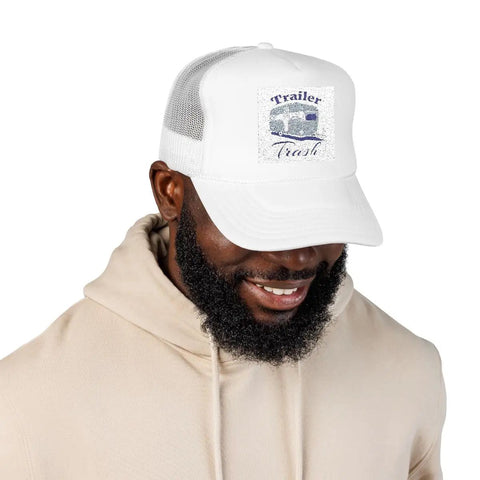 Funny Camping Trailer Trash Trucker Hat White For RV Lovers And Camp Fans with structured cotton twill front worn by person