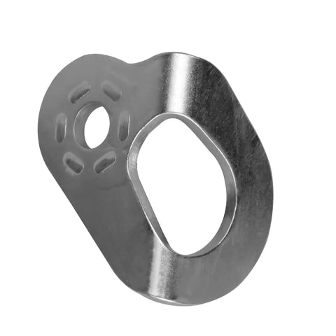 Heavy Duty Stainless Steel Climbing Bolt Hangers, UIAA Certified Rock Anchor Gear, M12 Mounting Plates For Rappelling, close-up view of a silver mounting plate.