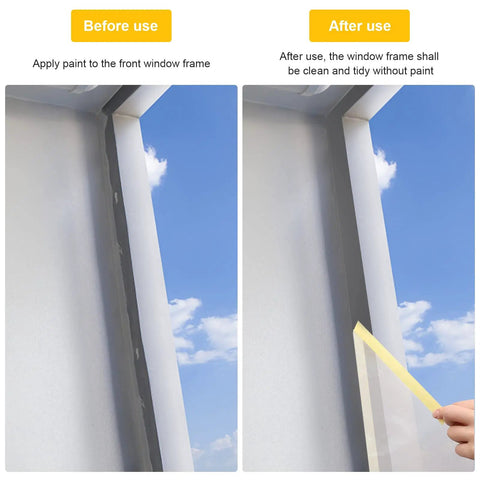 Pro Grade Pre-Taped Masking Film And Tape for Auto Painting and DIY projects showing protection before and after use on window frame
