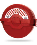 Red ABS Gate Valve Lockout, Heavy Duty Locking Device For 6.5 To 10 Inch Valve Handles, shown in a standalone front view.