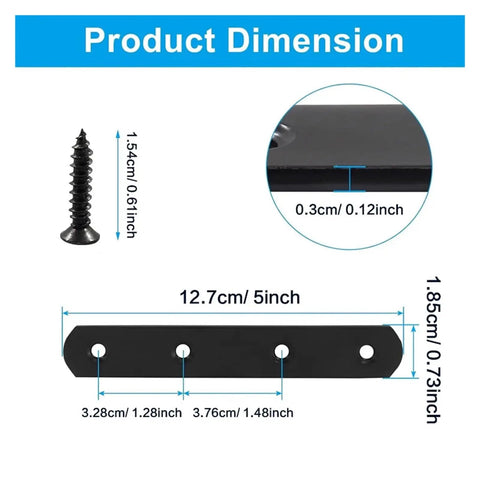 Dimensions of 5 Inch Black Mending Plate Straight Braces With Screws, Heavy Duty Corner Brackets, showing length and screw size