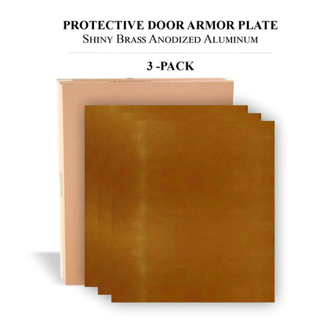 Rock Solid Door Armor Plates With Easy Peel And Stick Adhesive For Interior Wall Guard And Kick Protection Featuring Top Shelf Shiny Brass Finish Hard Anodized Aluminum Construction Built Different For Standard 30 By 34 Inch Fit