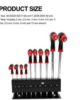 T-Handle Hex Key Wrench Set Of 10 Pieces With Ball-End Design And Storage Bracket For Precise Car Auto Bike Diy Repair Work, Durable Metric Hand Tool Kit That Slips Right Into Tight Spots Like A Charm. 10-piece metric T-handle hex key set, 2-10 mm, with storage bracket