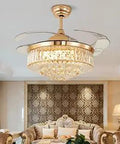 36 Inch Invisible Crystal Ceiling Fan With LED Light And Remote Control, Retractable Four Blade Chandelier Style Fan in living room