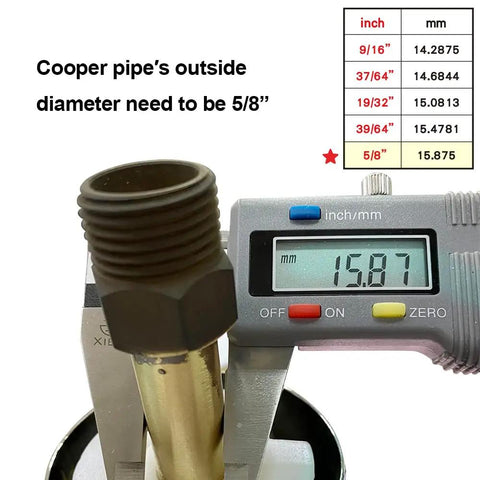 Measuring 5/8 inch fitting for Slip On Tub Spout With Diverter For Five Inch Tub Chrome Finish Fits One Half Inch Copper Pipe And Five Eighth Inch Diameter Easy Pull Up Install Works With American Standard Tub Spout
