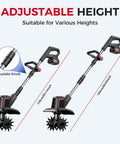 Cordless Electric Tiller For Gardening With Dual 4.0Ah Batteries, Total 8.0Ah Power, highlighting adjustable height feature.