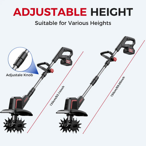 Cordless Electric Tiller For Gardening With Dual 4.0Ah Batteries, Total 8.0Ah Power, highlighting adjustable height feature.