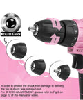 Close-up of pink 12V Cordless Drill Driver Kit with 3/8 inch keyless chuck instructions, Lightweight Electric Screwdriver for Home DIY.