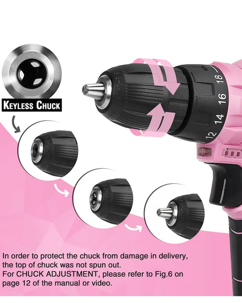 Close-up of pink 12V Cordless Drill Driver Kit with 3/8 inch keyless chuck instructions, Lightweight Electric Screwdriver for Home DIY.