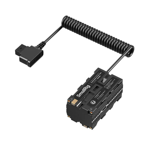 D Tap To Dual Sided NP-F Dummy Battery With USB-C Port And DC Output LED Display showing coiled cable and connectors