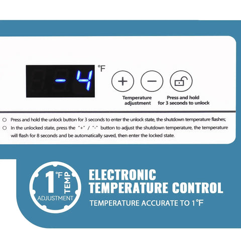 No Sweat Compact Chest Freezer With Dual Removable Baskets And Precision Digital Display showing digital temp control at -4°F.