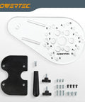 Universal Offset Router Base Plate With Reversible Edge Routing Fence And Pre Drilled Alignment Marks For Porter Cable Bosch Milwaukee Ryobi Makita DeWalt Craftsman Tools components arranged on white background.