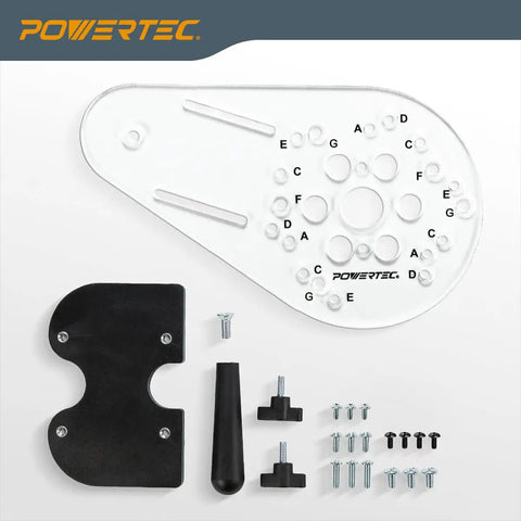 Universal Offset Router Base Plate With Reversible Edge Routing Fence And Pre Drilled Alignment Marks For Porter Cable Bosch Milwaukee Ryobi Makita DeWalt Craftsman Tools components arranged on white background.