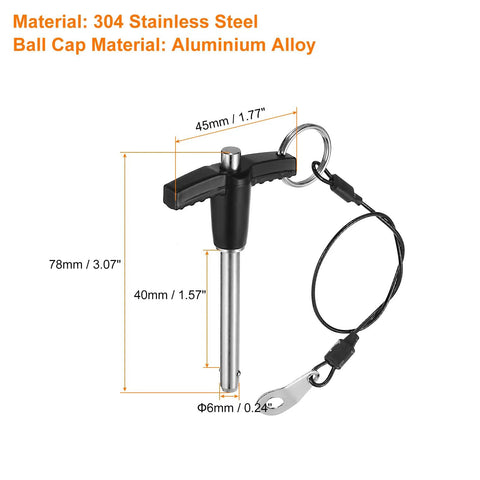 Two Pack T Handle Lock Pins 6mm x 40mm Stainless Steel Push Button Quick Release Pins showing dimensions and materials.