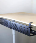Under Desk Cable Management Tray Kit With Horizontal Design Extends Up To 41 Inches No Drill C Clamp Mount shown on desk.