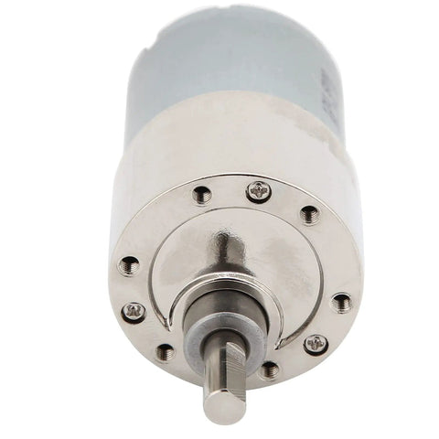 12V DC Gear Motor With Mounting Bracket And Speed Governor 100 RPM Low Speed Mean Torque Permanent Magnet Drive For Industrial Automation And Heavy Duty Equipment XD37GB3530 front view, metal shaft, compact gear motor