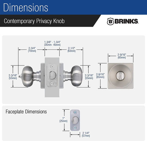 Slick Contemporary Privacy Ball Door Knob Set With Lock And Key Satin Nickel Finish dimensions and backset details
