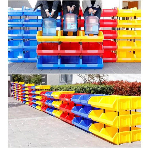 Heavy Duty Parts Rack With 48 Compartments Blue Floor Standing Tool Organizer For Garage Modular Bin Setup with colorful bins.