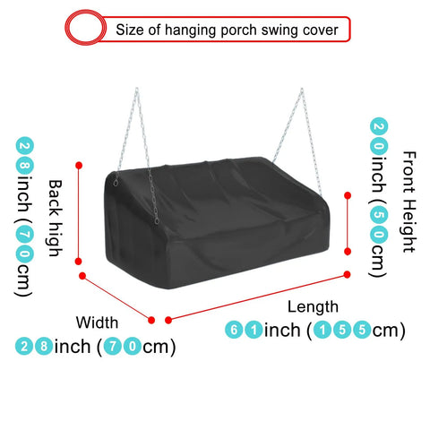 Weatherproof Hanging Porch Swing Cover With Seam-Taped Edges dimensions diagram 61x28x28 inches in black 420D Oxford cloth