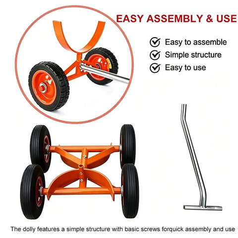Rock Solid Heavy Duty Pipe Cart With Solid Tires Steel Bar Cradle Supports 800 Lb showing wheels and assembly features.