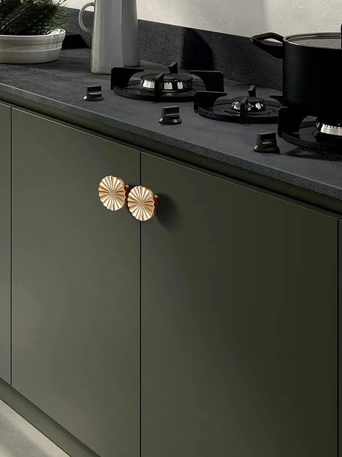 Set Of 6 Brushed Gold Zinc Alloy Cabinet Knobs And Pulls For Kitchen Cupboards Dressers And Drawers, gold tone hardware installed on cabinet