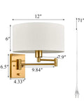 Gold Plug In Wall Sconces Set Of Two With Brass Swing Arm Lamps, White Linen Drum Shade, Plug In Cord and dimensions shown