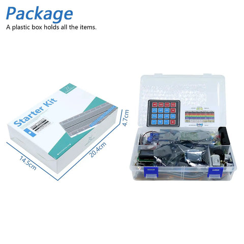 Dope Raspberry Pi Starter Kit with 223 components and 128 projects packed in a clear plastic box, shown alongside boxed packaging.