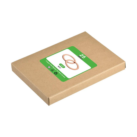 Real Deal Copper Flat Washers M22 25 Piece Set packaging with clear label, perfect for garage projects and builds.