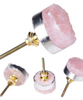 Rose Quartz Drawer Knobs Set Of 4 With Silver-Plated Edge, pink stone cabinet knob handles, handmade crystal pulls for kitchen