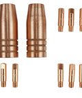Top Notch Lotos MIG Torch Consumables Kit With 10 Essential Nozzles And Contact Tips For MIG140 And MIG175 Welders, two copper nozzles and five tips.