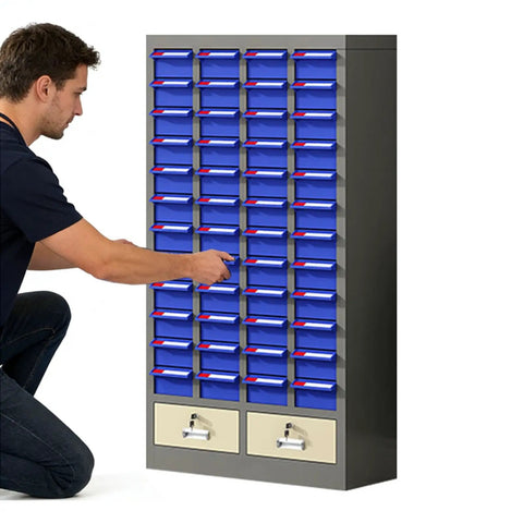 Heavy Duty 52 Drawer Parts Cabinet With Tough As Nails Steel Construction And Secure Door Lock for Screw Bolts Nails and Hobby Craft Supplies, user accessing compartments.