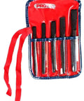5-Piece Cold Chisel Set in S2 Steel with red pouch, hand ground edges, parabolic striking end for tough metal cutting.