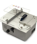 Mini Dual Motor Table Saw With 360W For Hella Precise Woodworking Cuts And Sweet Home Shop Projects Featuring Badass Aluminum Alloy Platform Setup Now, top view of table saw with transparent blade guard.