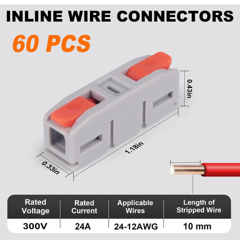 60 Piece Lever Wire Connectors Mini Quick Connectors Push In 1 In 1 Out Electrical Butt Splice Inline Terminals 24 to 12 AWG Safe High Temp Flame Retardant Tin Plated Copper Reusable No Fuss Easy Snap with size details
