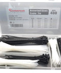 Heavy Duty Workhorse Zip Tie Kit Bundle 400 Pack Assorted Sizes 4 Inch 6 Inch 8 Inch Black And White Nylon Wire Ties in open box