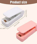 Slick Handheld Mini Bag Sealer And Quick Cutter Portable Heat Resealer Machine For Food Storage And Snack Packing Lightweight Kitchen Game Changer That Keeps Snacks Fresh Zero Fuss in white and pink with size dimensions shown.