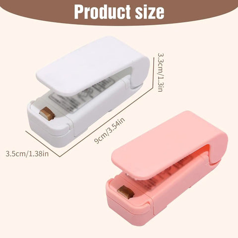 Slick Handheld Mini Bag Sealer And Quick Cutter Portable Heat Resealer Machine For Food Storage And Snack Packing Lightweight Kitchen Game Changer That Keeps Snacks Fresh Zero Fuss in white and pink with size dimensions shown.