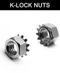 Close-up of 10-32 stainless steel K-Lock nuts with external tooth washer, showcasing durable design for machinery and automotive projects.