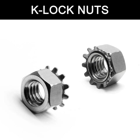 Close-up of 10-32 stainless steel K-Lock nuts with external tooth washer, showcasing durable design for machinery and automotive projects.