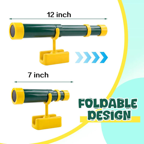 Kid Friendly Green And Yellow Telescope Playset With 360 Degree Spin Magnification, Plastic Telescope Attachment For Treehouse Playground And Outdoor Playhouse, Gift For Little Explorers. Foldable green plastic telescope, 12 inch open, 7 inch folded