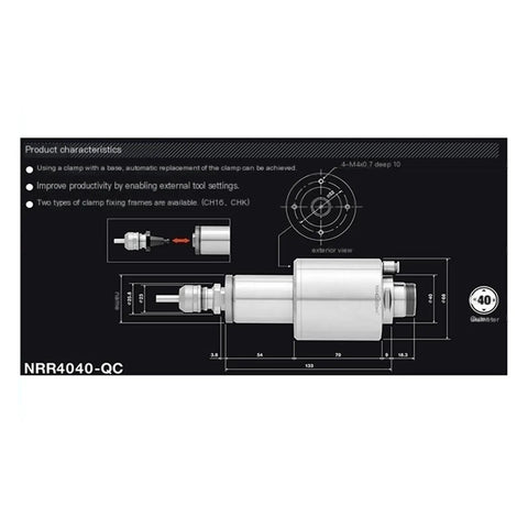 High Octane Nr4040aqc Water Cooled Spindle With Automatic Tool Changer dimensions diagram, showing external view and clamp details.