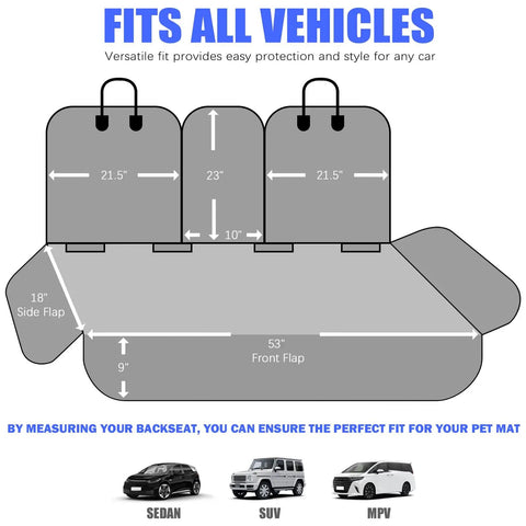 Diagram showing dimensions of Dog Car Seat Cover For Back Seat 60 40 Split Bench, Waterproof Oxford Fabric for cars, SUVs, MPVs.