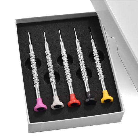 Watch Repair Screwdriver Kit With Color Coded 3 Piece And 1 Piece Set stainless steel in box, pink, gray, red, black, yellow handles