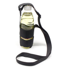Water bottle in black strap holder with adjustable shoulder strap